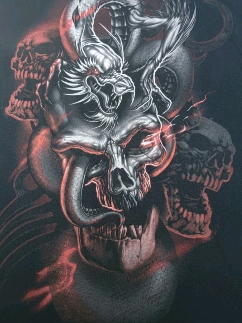 Vintage 3XL Dragon Skull Graphic T-Shirt Mens Black Red Goth Biker Y2K Gildan